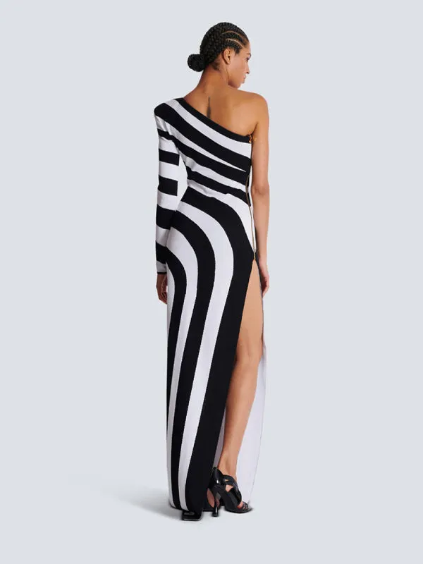 Trendy One-Shoulder Knit Dress Striped Evening Gown