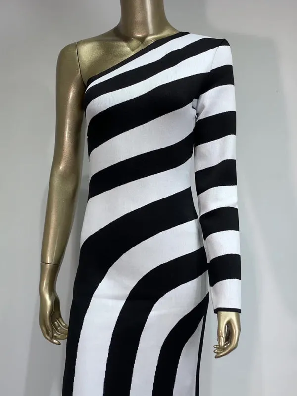 Trendy One-Shoulder Knit Dress Striped Evening Gown