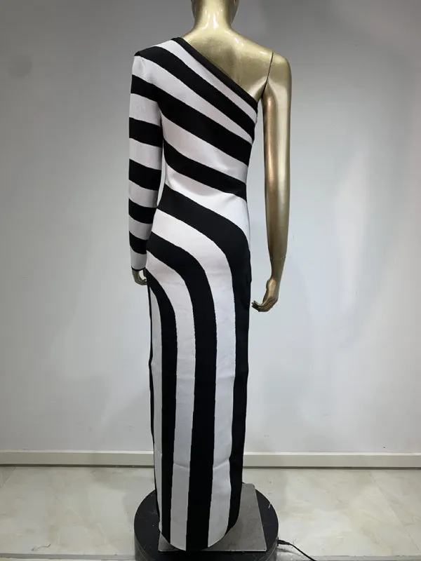 Trendy One-Shoulder Knit Dress Striped Evening Gown