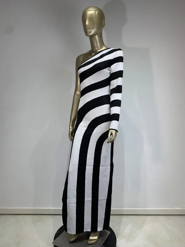 Trendy One-Shoulder Knit Dress Striped Evening Gown