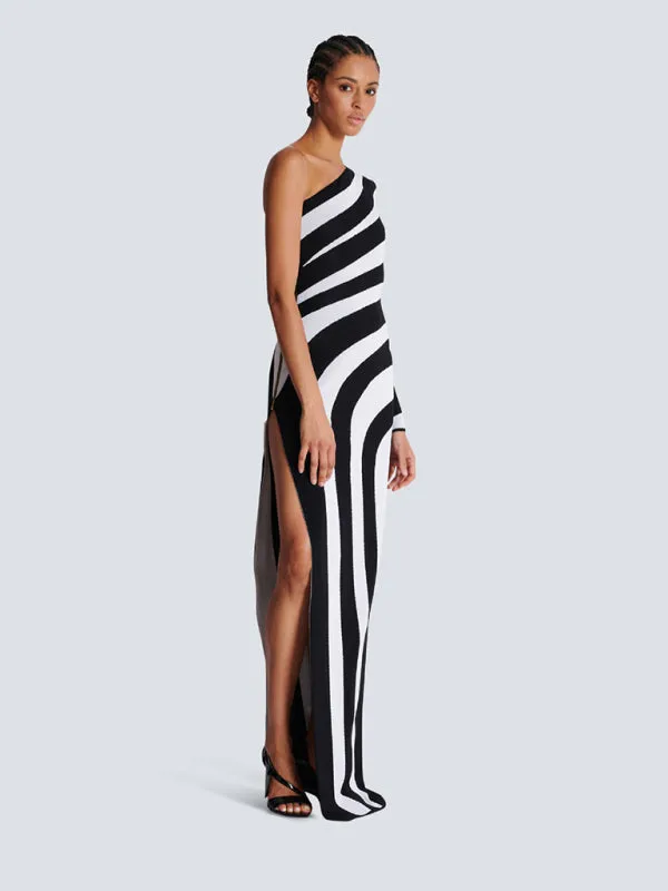 Trendy One-Shoulder Knit Dress Striped Evening Gown