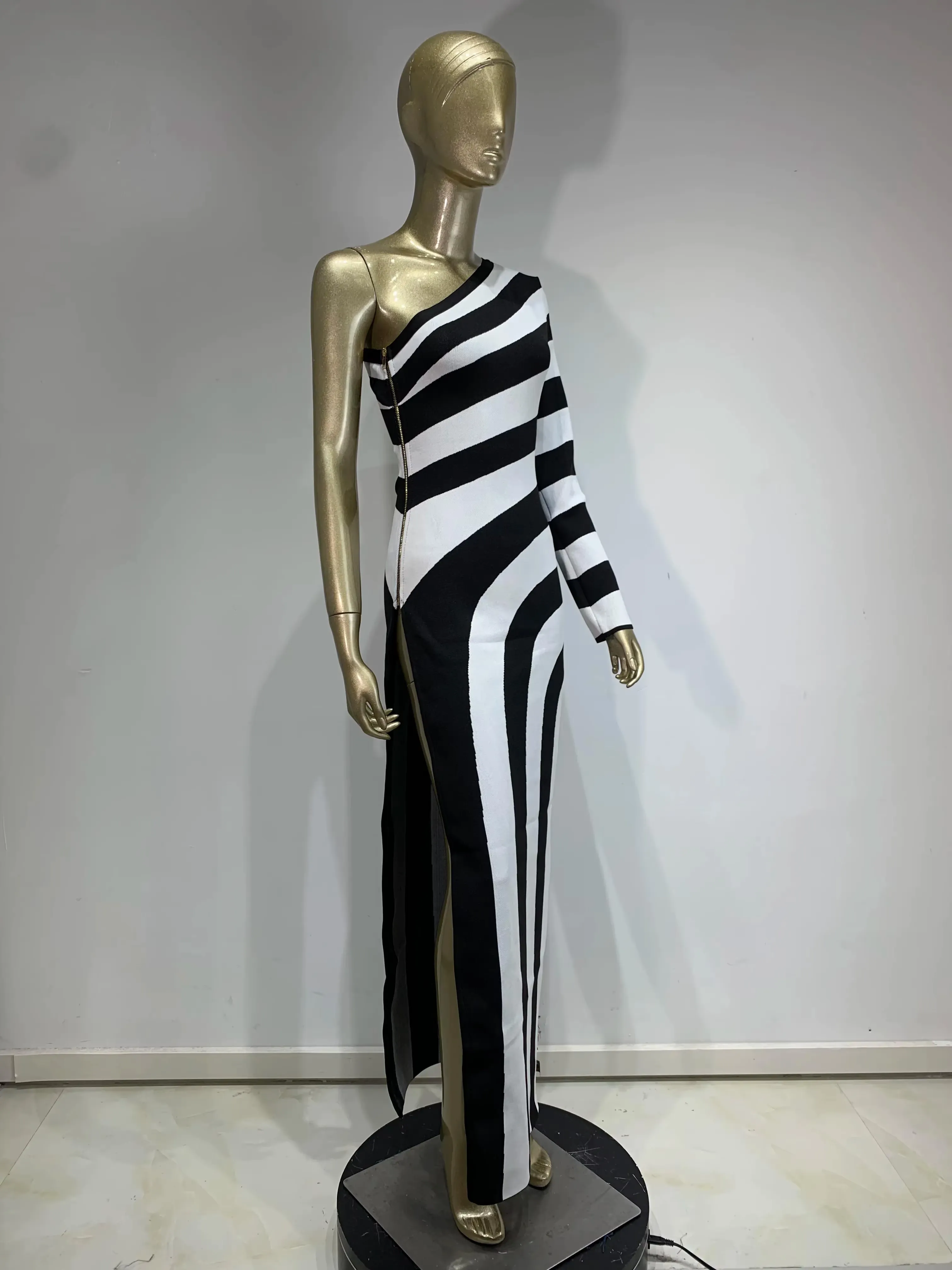 Trendy One-Shoulder Knit Dress Striped Evening Gown