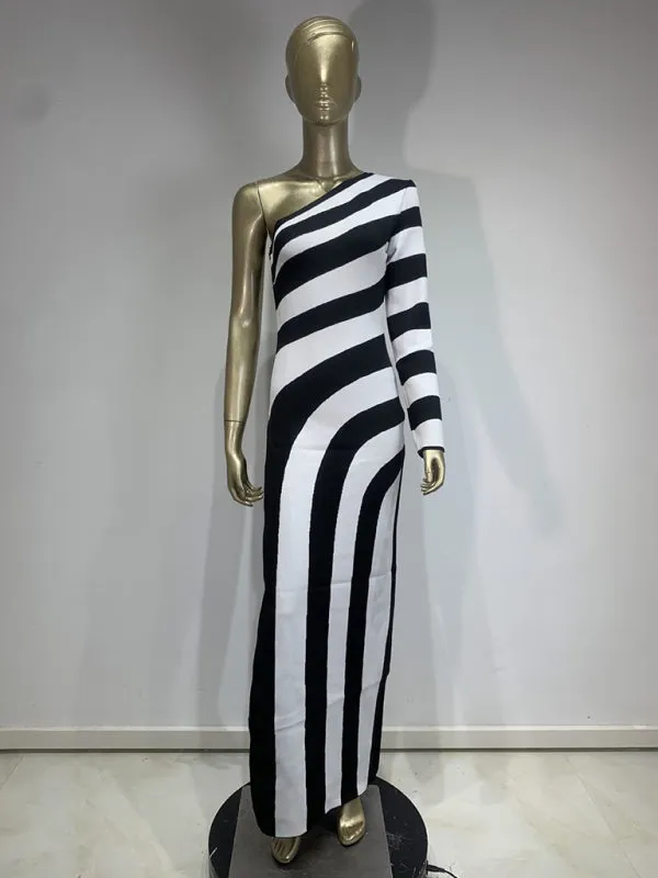 Trendy One-Shoulder Knit Dress Striped Evening Gown