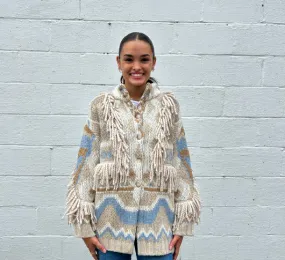 Tricot Chic - Geometric Print Fringe Sweater Coat