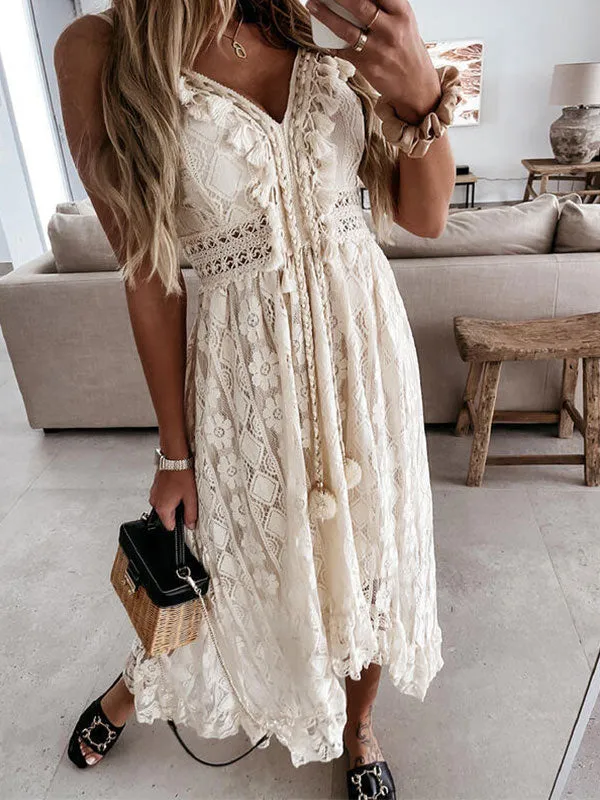 V Neck Boho Trendy Ruffle Flowy Midi Dress