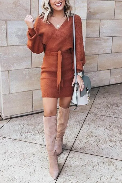 V Neck Off Trendy Shoulder Mini Dress