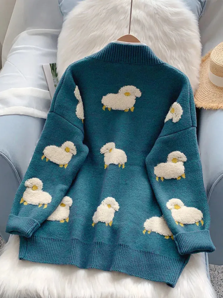 V-Neck Sheep Cardigans Warm Korean Knitwear