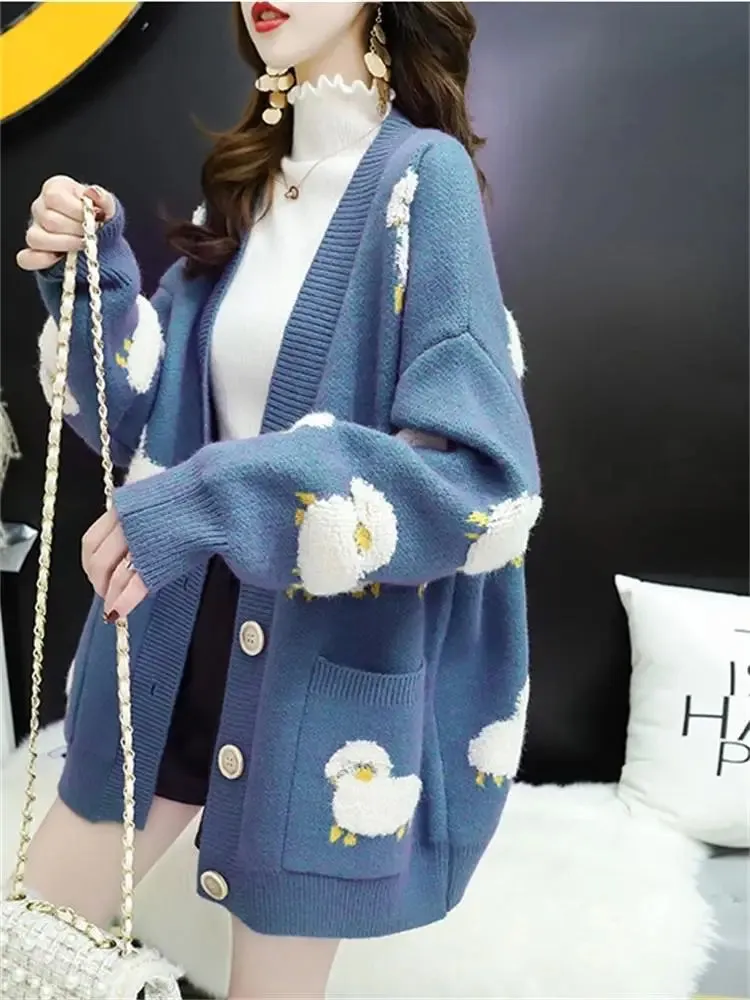 V-Neck Sheep Cardigans Warm Korean Knitwear