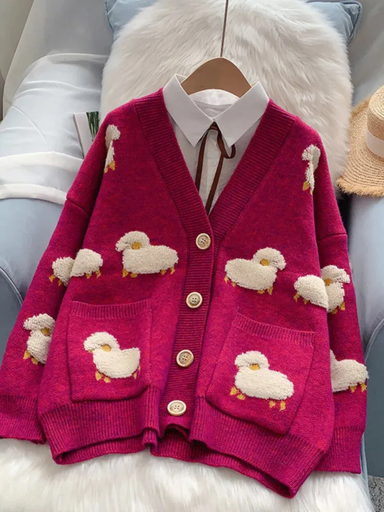 V-Neck Sheep Cardigans Warm Korean Knitwear