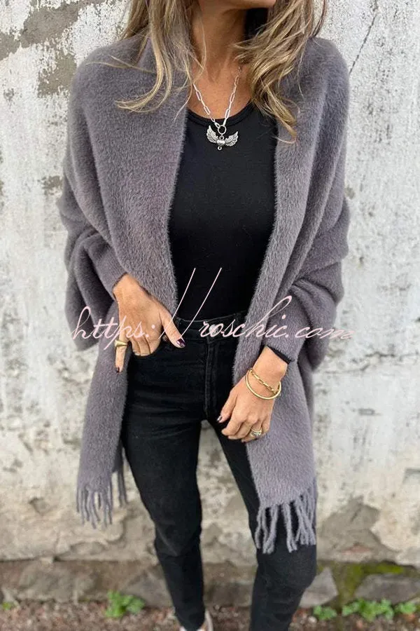 Warm Corner Knit Plush Tassel Trim Relaxed Shawl Cardigan