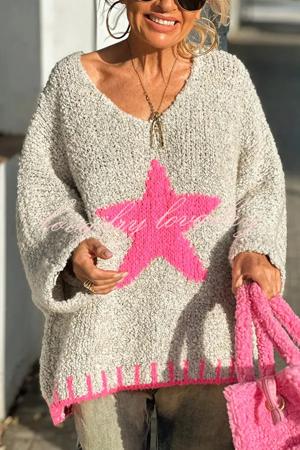 Warm Winter Day Texture Knit Star Pattern Contrast Color Loose Sweater