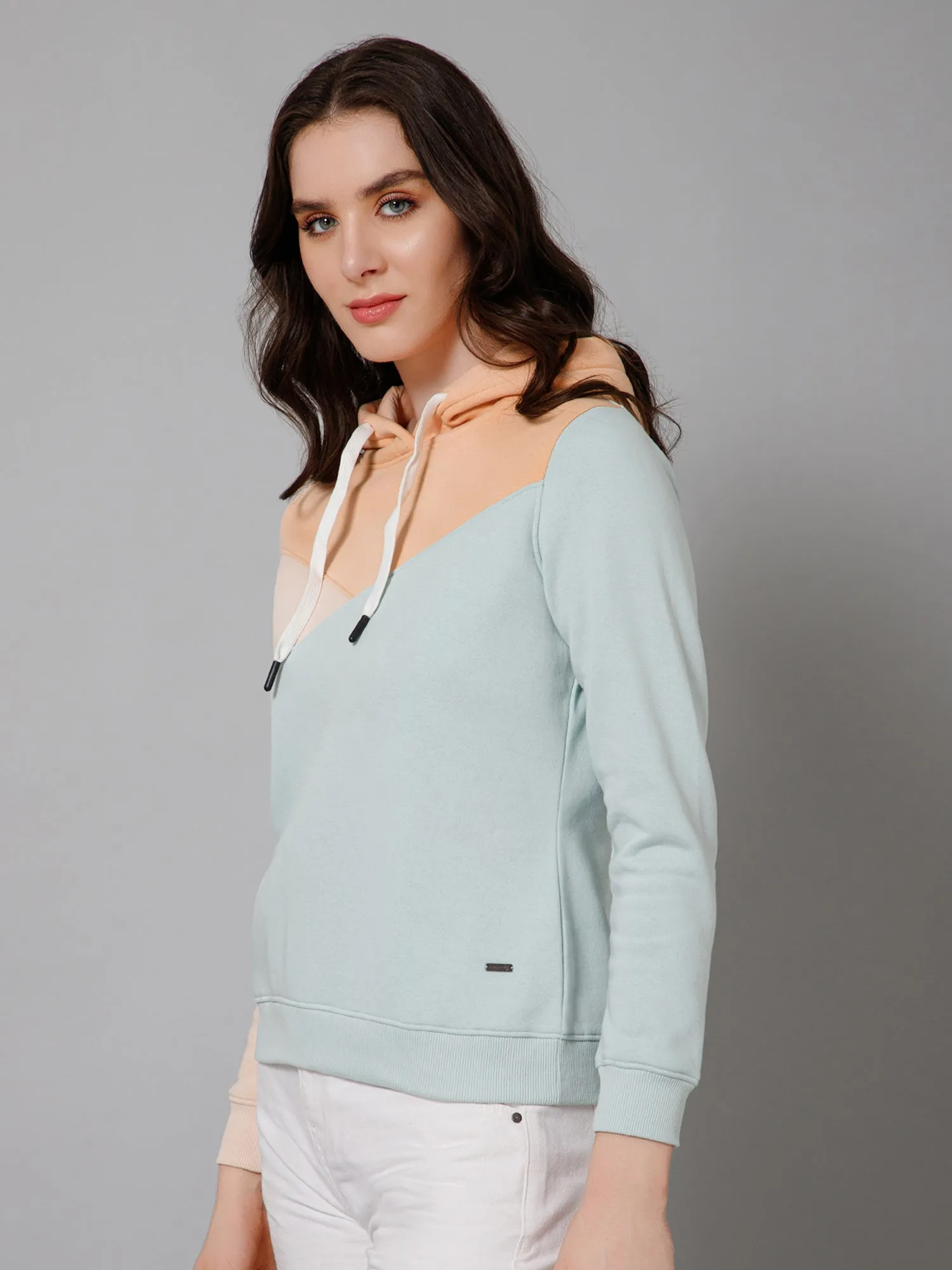 Women's Casual  Mint  Regular Full Sleeve  Color block Pullover Hoodie Sweatshirt