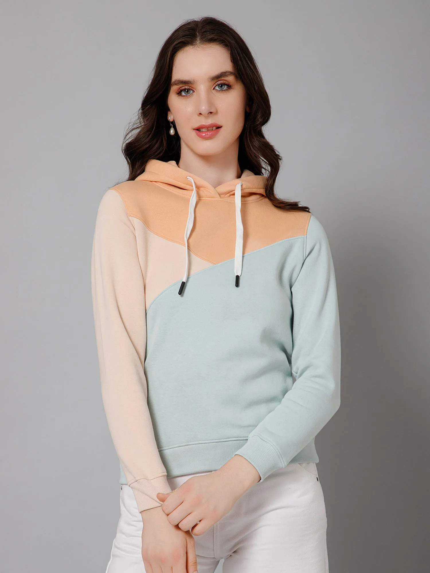 Women's Casual  Mint  Regular Full Sleeve  Color block Pullover Hoodie Sweatshirt