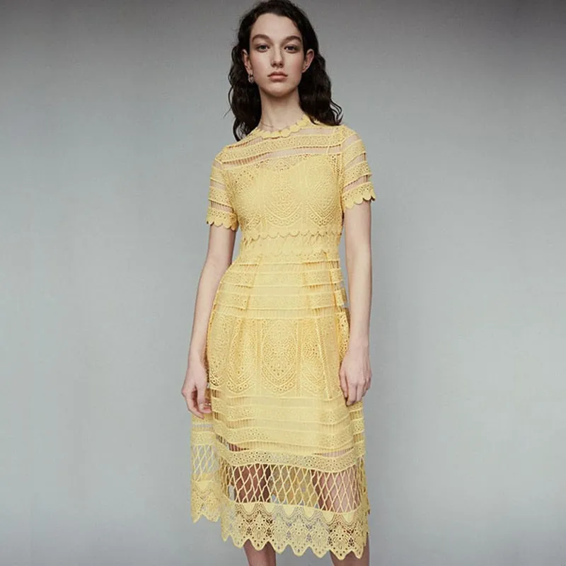 Yellow Hollow Out Trendy Lace Party Dress