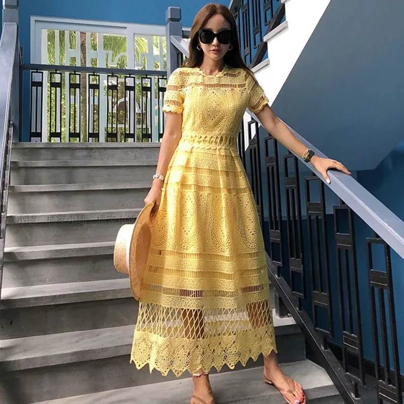 Yellow Hollow Out Trendy Lace Party Dress