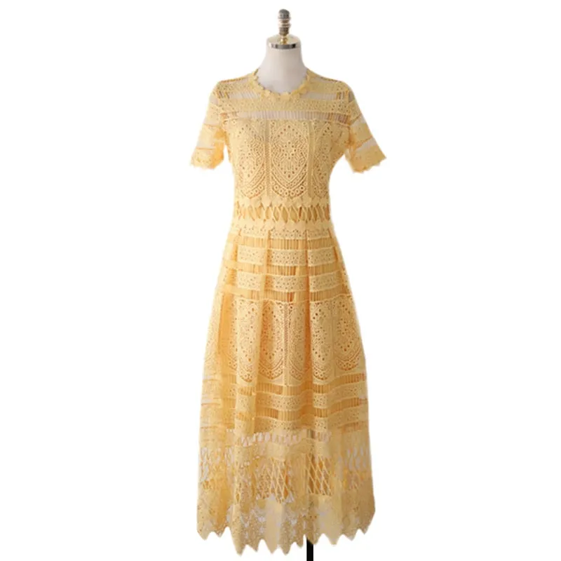 Yellow Hollow Out Trendy Lace Party Dress