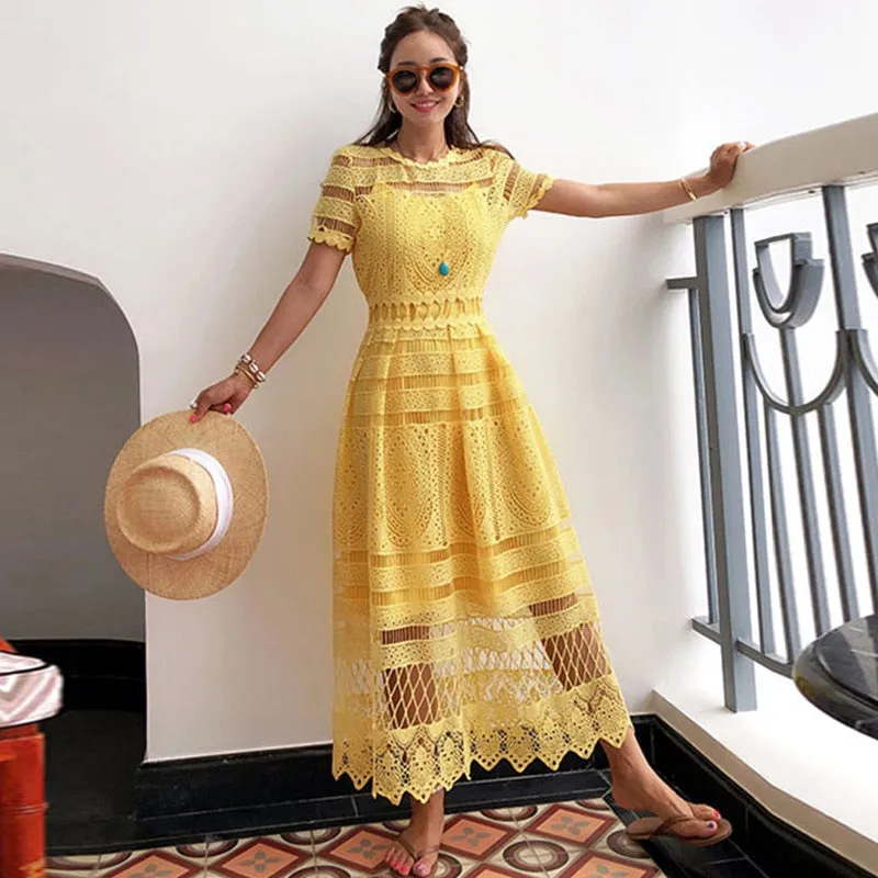 Yellow Hollow Out Trendy Lace Party Dress