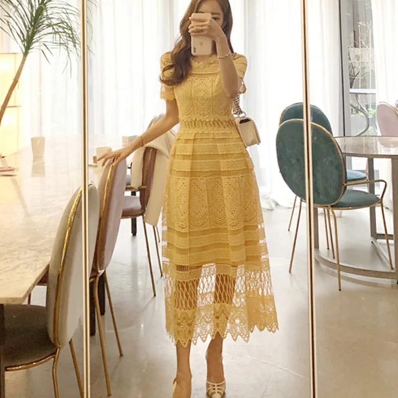 Yellow Hollow Out Trendy Lace Party Dress