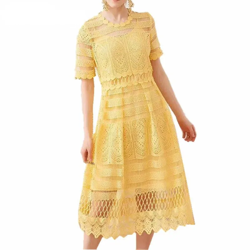 Yellow Hollow Out Trendy Lace Party Dress