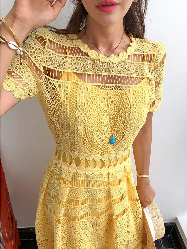 Yellow Hollow Out Trendy Lace Party Dress